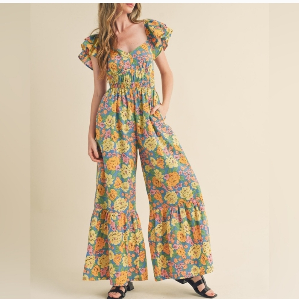 Floral Jumpsuit with Ruffle Sleeves